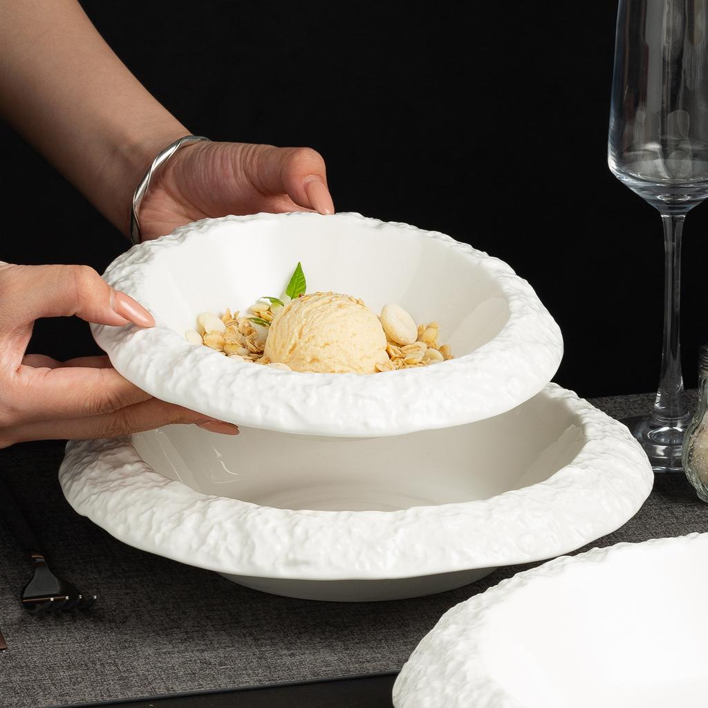 Gravel Ceramic Deep Plate Soup Plate Restaurant Dessert Plate Household Plate Hotel Tableware White Skirt Plate