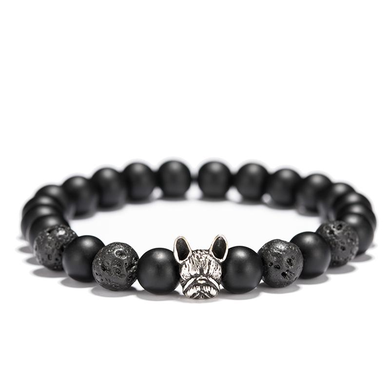 

New French Bulldog Bracelet For Men 8mm Natural Lava Tiger Eyes Stone Braclet Beaded Vintage Braslet Homme Camping Accessories