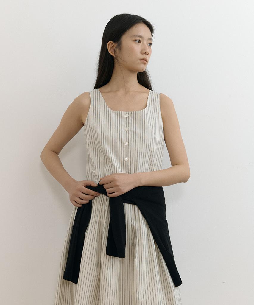 Lingseoul Striped Square Neck Sleeveless Dress-Cream