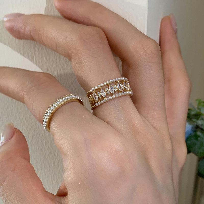 Pearl Zircon Rings for Woman Fashion Open Finger Ring Hollow-Carved Design Ring Luxury Elegant Party Jewelry Wedding Gifts Vintage Adjustable Ring