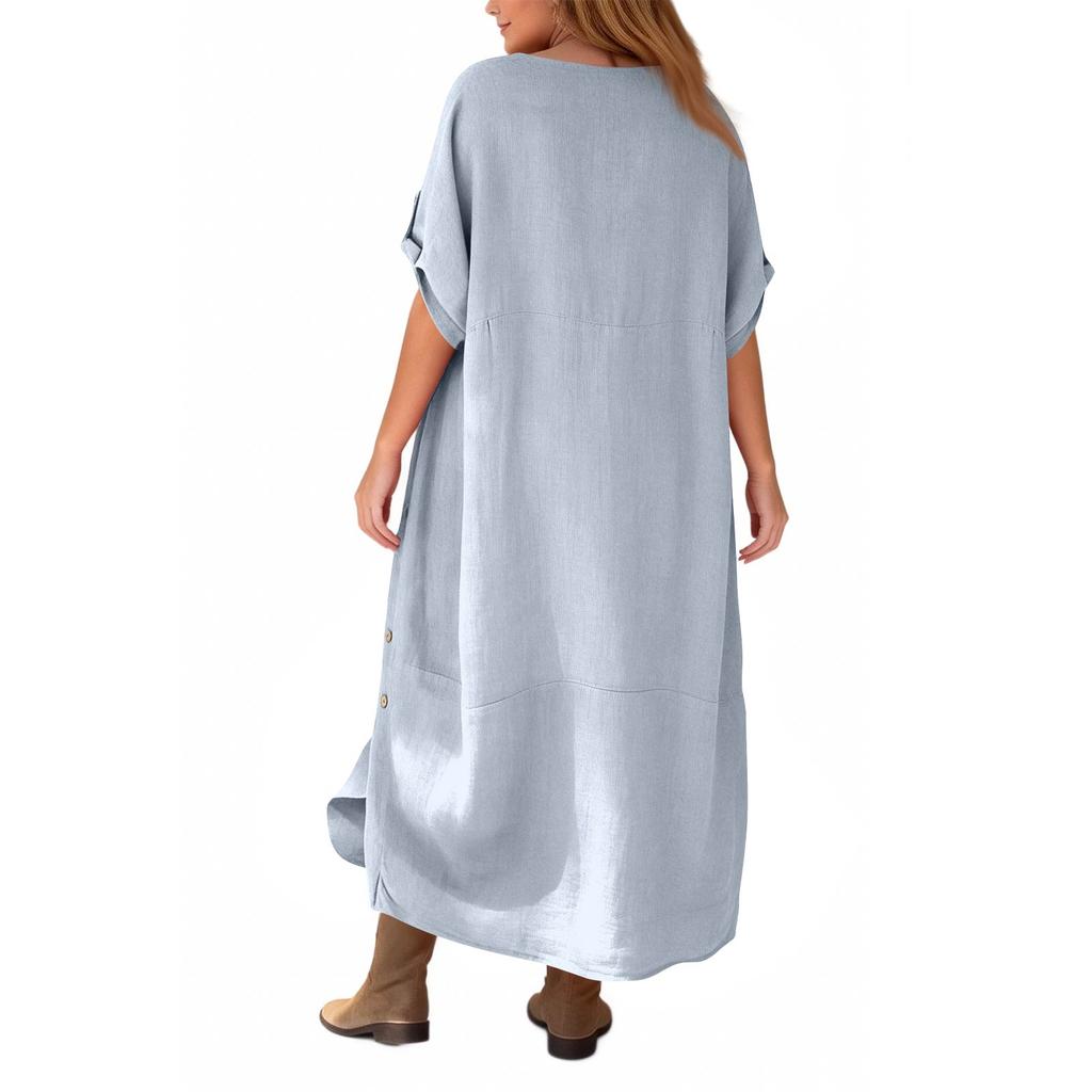 Women's Casual Loose Fit Short Sleeve Long Length Cotton Linen Split Dress
