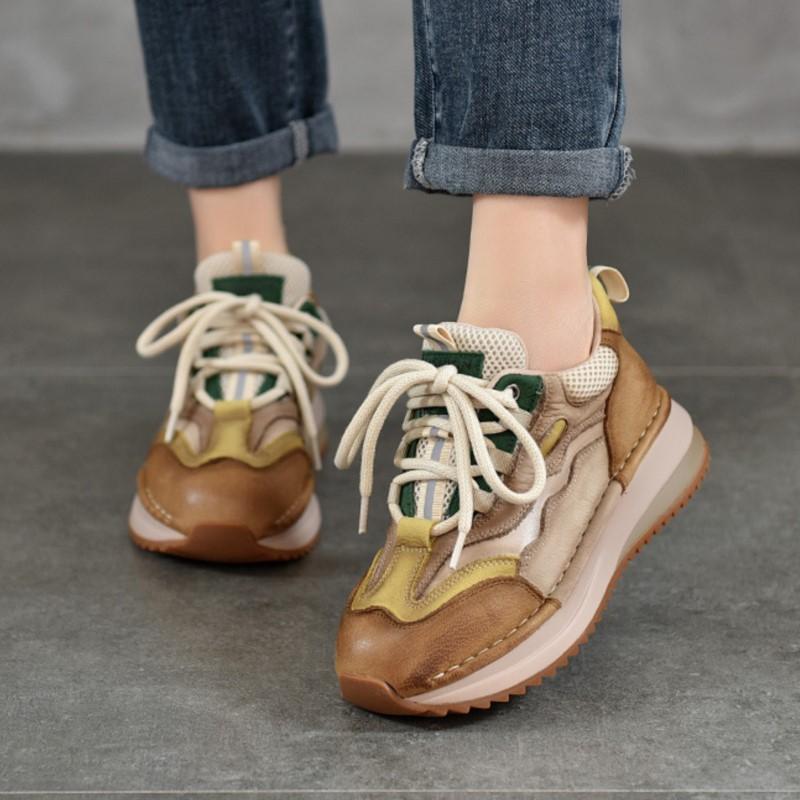 Johnature Genuine Leather Casual Sports Lace Up Anti Slip Women's Shoes Retro Mixed Colors Thick Soled Sneakers