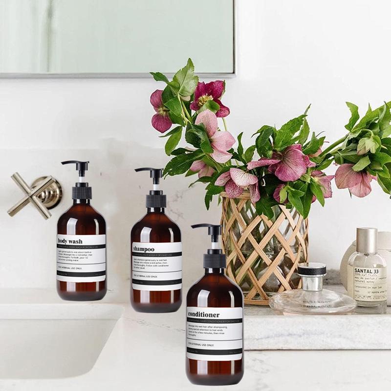3er-Pack, 500 ml, nachfüllbarer Badezimmer-Flüssigseifenspender mit Pumpe, brauner/grüner Shampoo- und Conditioner-Spender mit 8 Etiketten