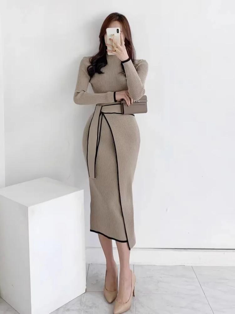 Harajuku Elegant Lace Up Turtleneck Knitted Long Dress Korean Fashion Khaki Black Rib Bandage Bodycon Sweater Dress Robe Femme
