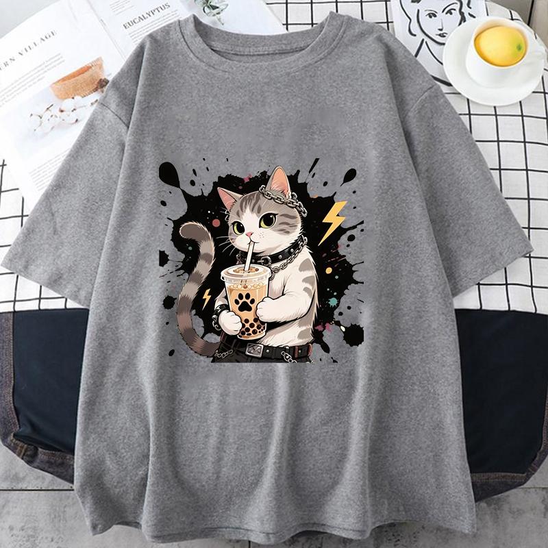 T-shirt Mens Women Summer Drag Cool Kitten Print T-shirt American Student Short-sleeved Top Loose T-shirts