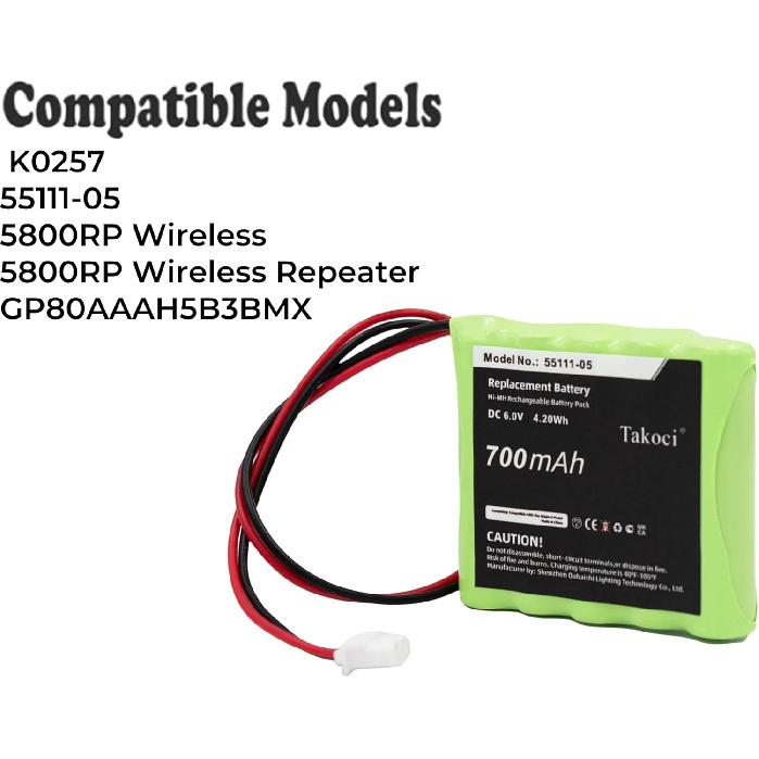 K0257 Замена аккумулятора Совместим с беспроводным репитером Honeywell 5800RP 55111-05, Подходит для P/N GP80AAAH5B3BMX 6V/700mAh