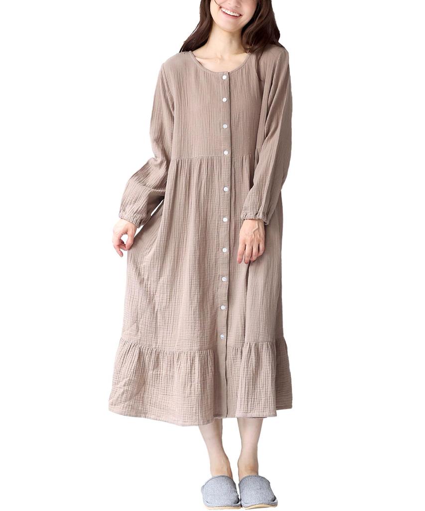 ON NISHIKI Maternity Long Sleeve Dress with Nursing Open Long Nursing Nightgown Pajamas, Opening, 100% Cotton, Double-Layer Gauze, Front, Length,