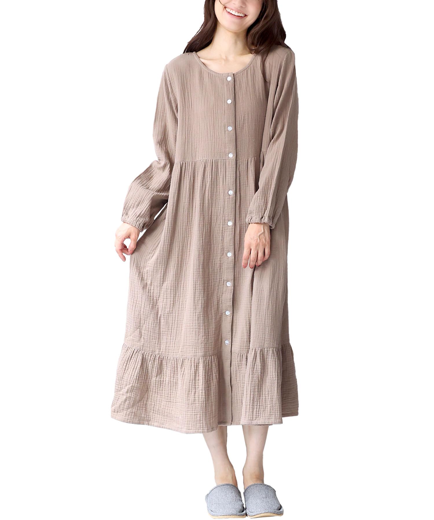 

Платье для беременных с длинным рукавом ON NISHIKI с открытием для кормления, Длинная ночная рубашка для кормления, Пижама, Открытие, 100% хлопок, Двухслойная марля, Спереди, Длина,