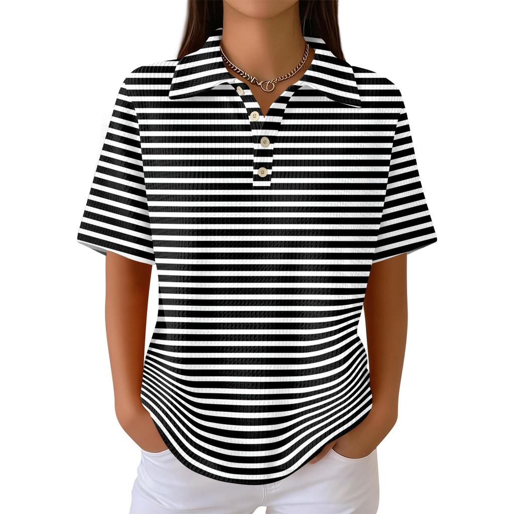 Women's Casual Short Sleeve Polo Shirt Waffle Texture Button Down Collar Top with Horizontal Stripes Pattern Suitable for Daily Wear