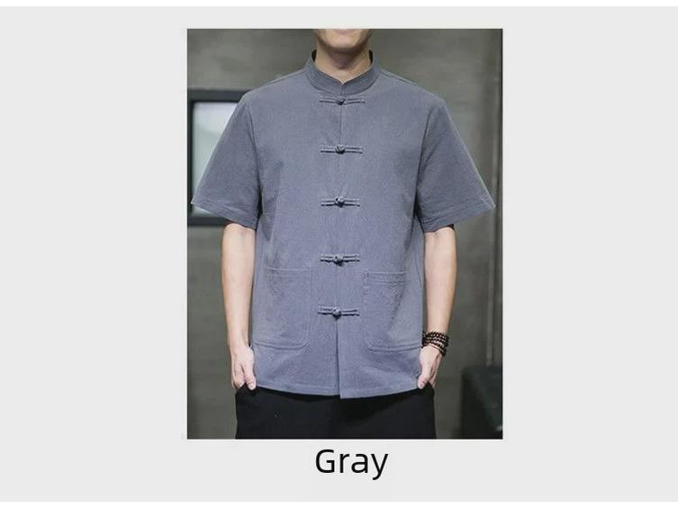 Men's Chinese-Style Linen Short-Sleeve Shirt, Summer Loose Fit, Stand-Up Collar