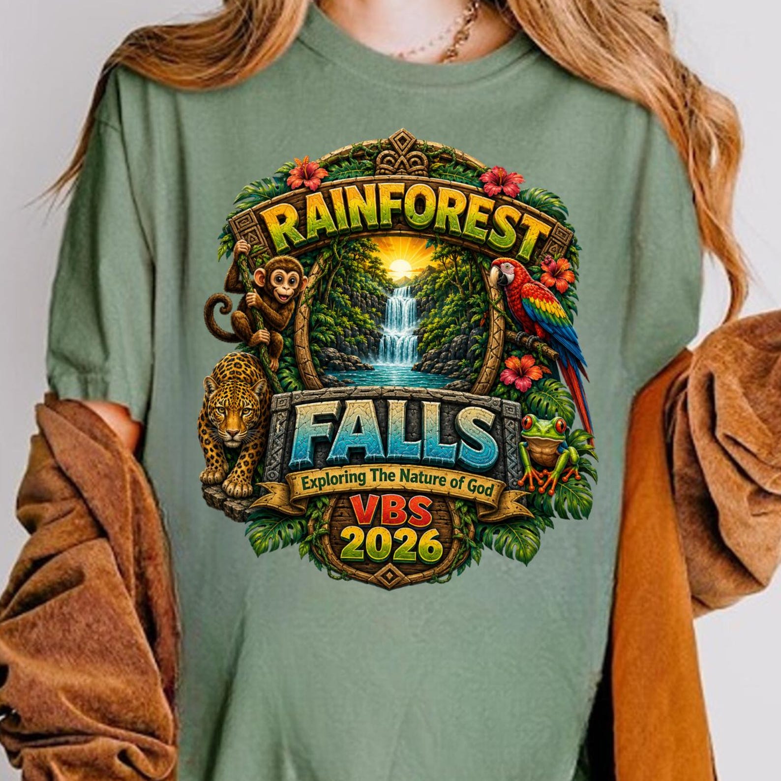 Exploring the Nature of God Shirt, VBS 2026 Rainforest Falls Christian Shirt, Custom VBS Volunteer Shirt, Tropical Outdoor Christian Nature S