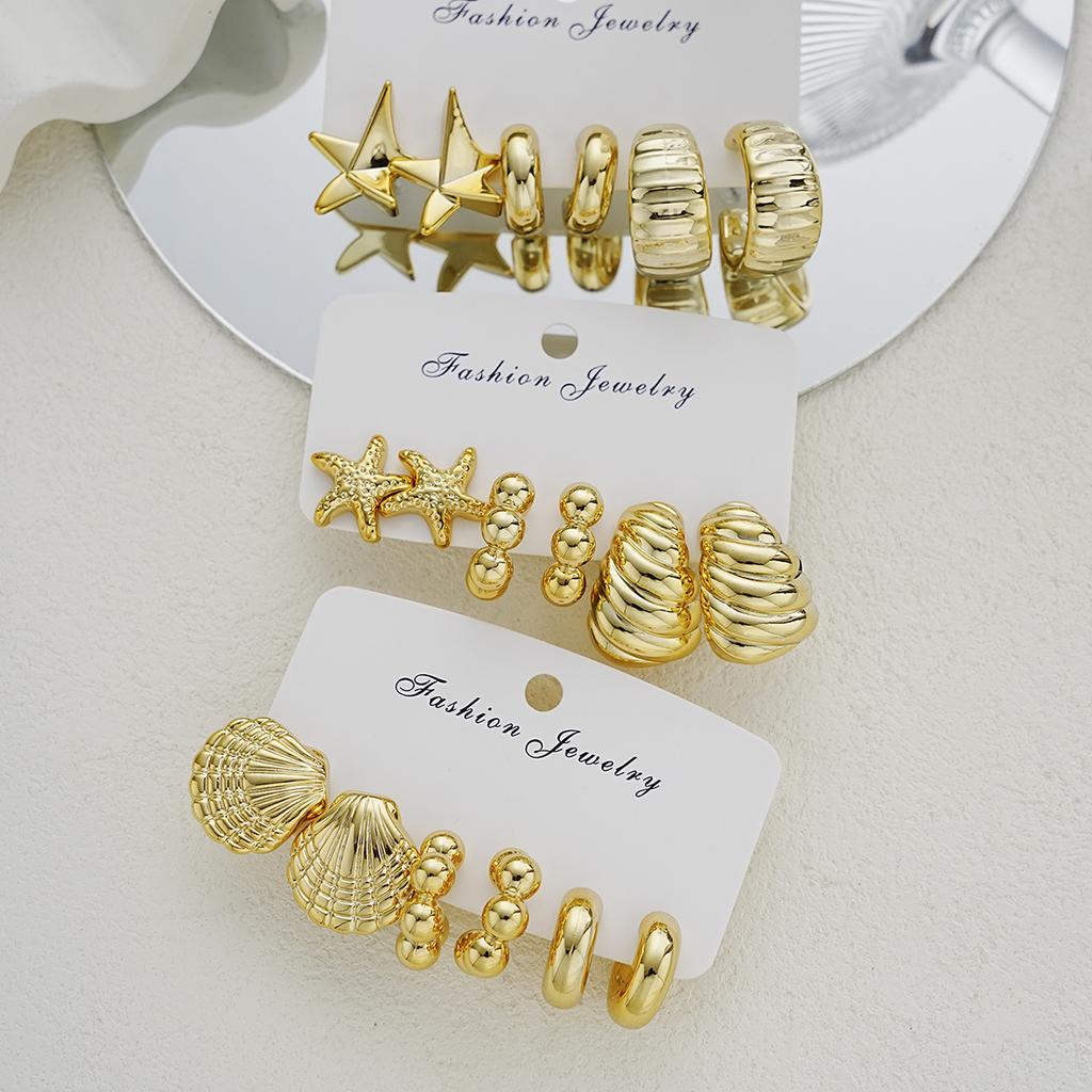 9Pairs Vintage Gold Color Earrings Set For Women Fashion Starfish Shell Hoop Stud Earrings Beach Party Daily Wear Jewelry Gifts