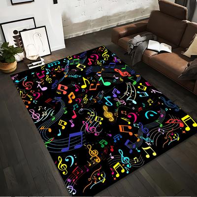 Colorful Musical Notes Pattern Carpet, Black Background Home Decor Suitable for Use As an Anti-slip for Living Room Bedroom Sofas