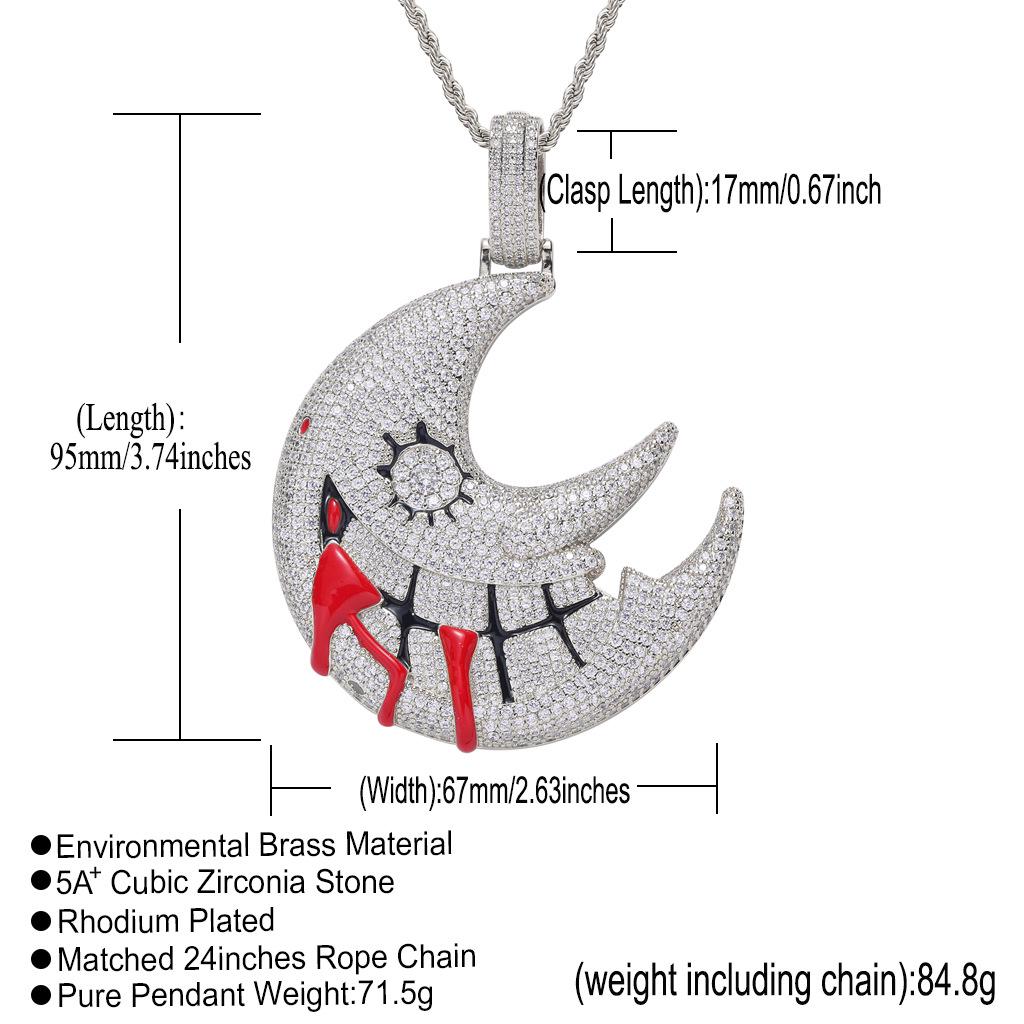 European & American Moon Pendant: Gold-Plated, Zirconia, Exaggerated Cuban Chain