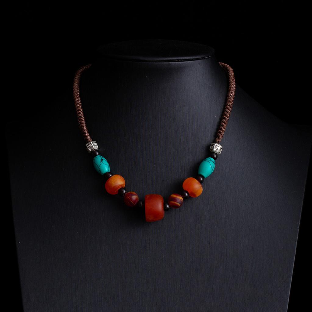 Vintage Zen Fashion Imitation Agate Pendant Necklace Collarbone Chain Couple Simple Ethnic Style Black Rope Chain Sweater Chain