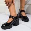 Mary Jane Women's Shoes High Heels Fashion Patent Leather Single Shoes Casual Belt Buckle Pumps Round Head Platform Loafers