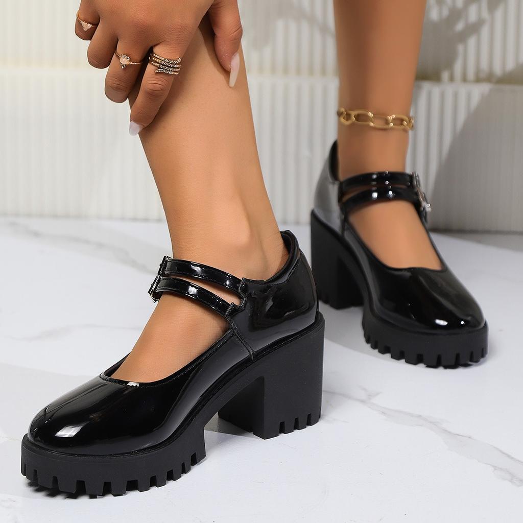 Mary Jane Women's Shoes High Heels Fashion Patent Leather Single Shoes Casual Belt Buckle Pumps Round Head Platform Loafers