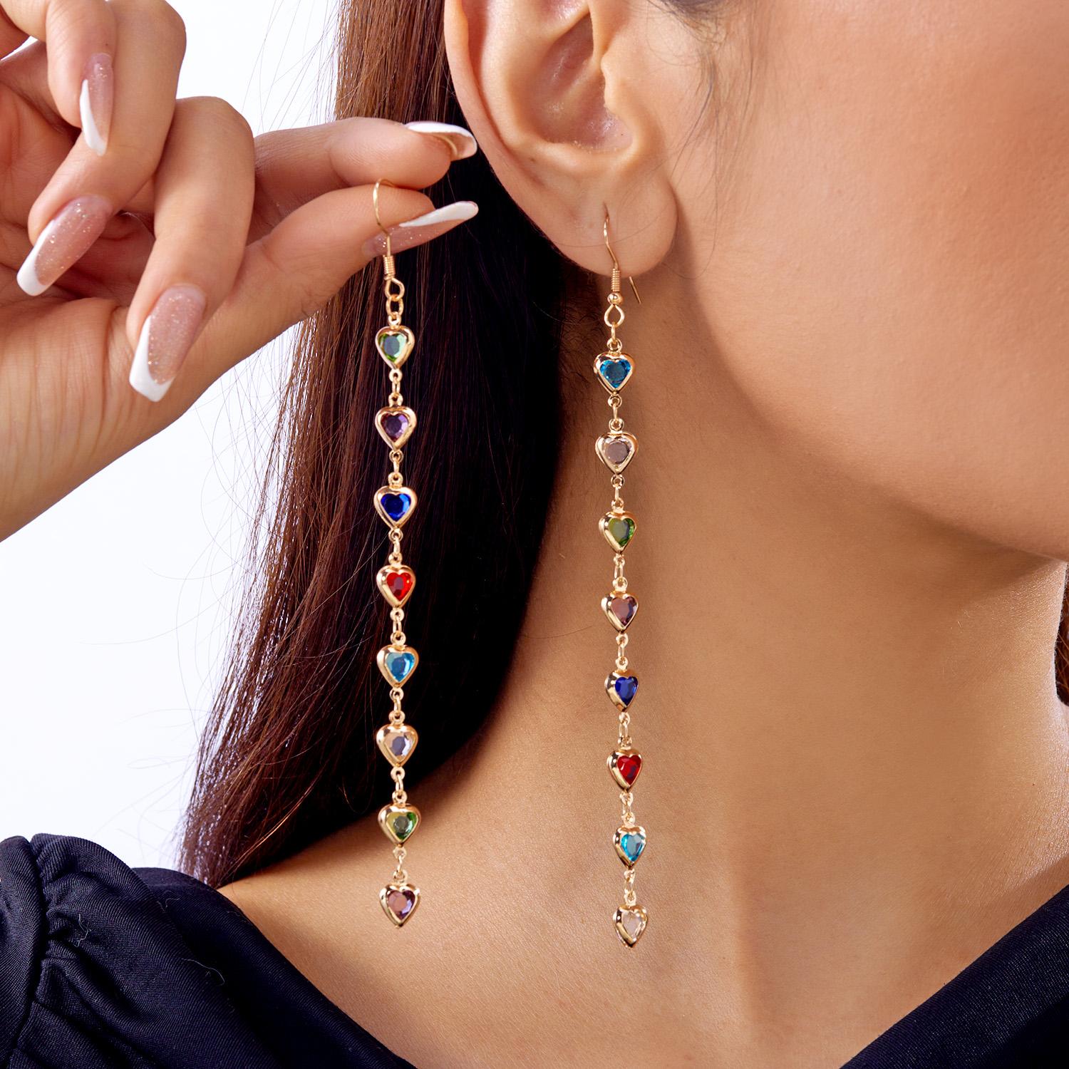 Boho Colorful Crystal Heart Tassel Earrings for Women Sparkly Rhinestone Long Tassel Dangle Drop Earrings Wedding Party Jewelry