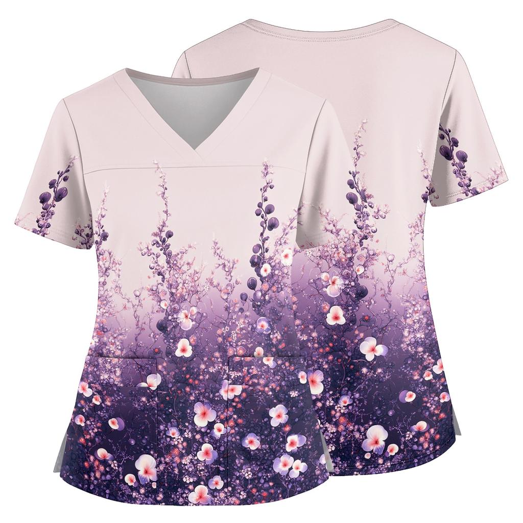 Floral Print V Neck Medical Scrub Top with Pockets Side Slits Short Sleeve Nurse Uniform Shirt for Women Comfortable Fit