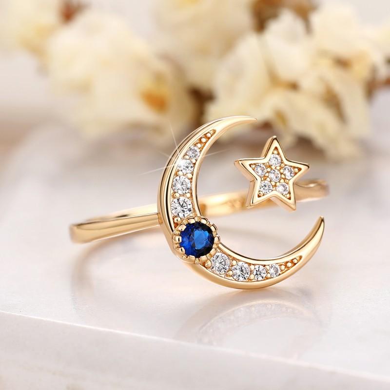 Huitan Newly Star and Moon Design Opening Rings for Women White/Blue Cubic Zirconia Exquisite Girls Accessories Trendy Jewelry