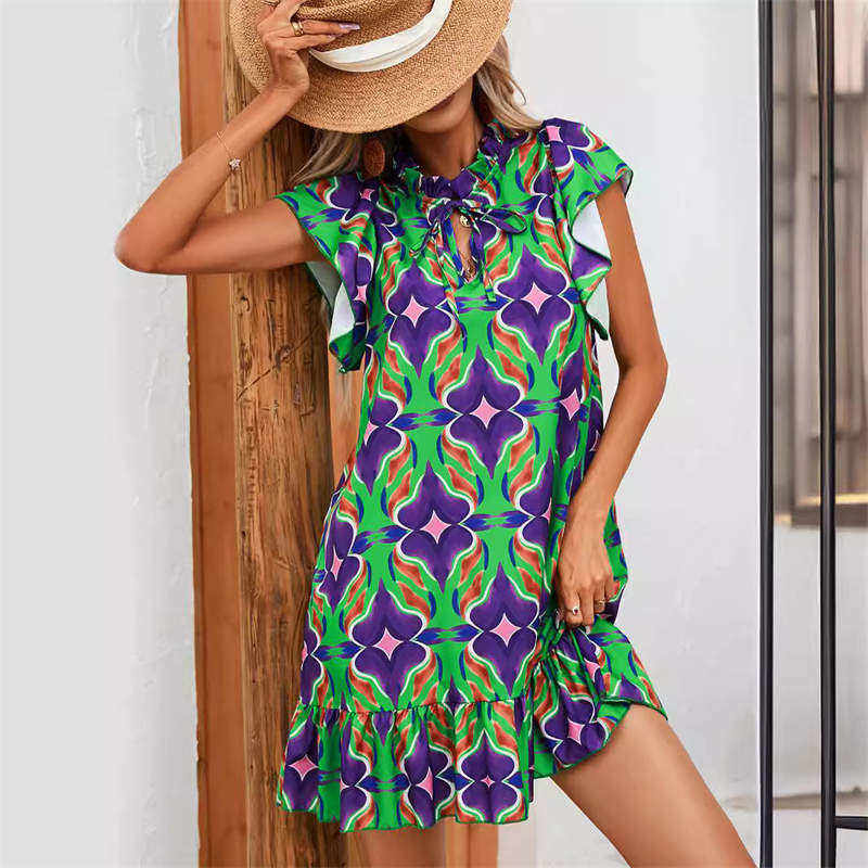 Round Collar Summer Short Sleeve Dress Fashion A-Line Skirt Printing Skirt