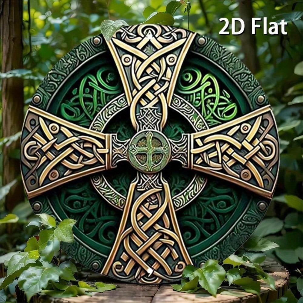 Arte de pared de aluminio con Cruz Celta, Señal Redonda de 7,9 Pulgadas, Decoración Rústica Bohemia Verde para el Hogar
