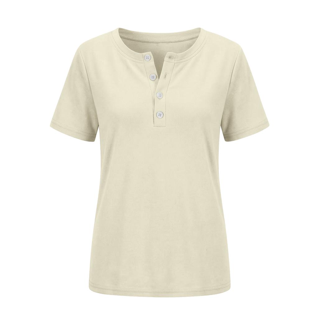 Women's Casual Color V-neck Short-sleeved T-shirt With Decorative Buttons.