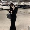 Vintage Black Bodycon Dress Retro Evening Party Elegant Wrap Long Sleeve Dresses for Women Autumn Fall V-neck Polo