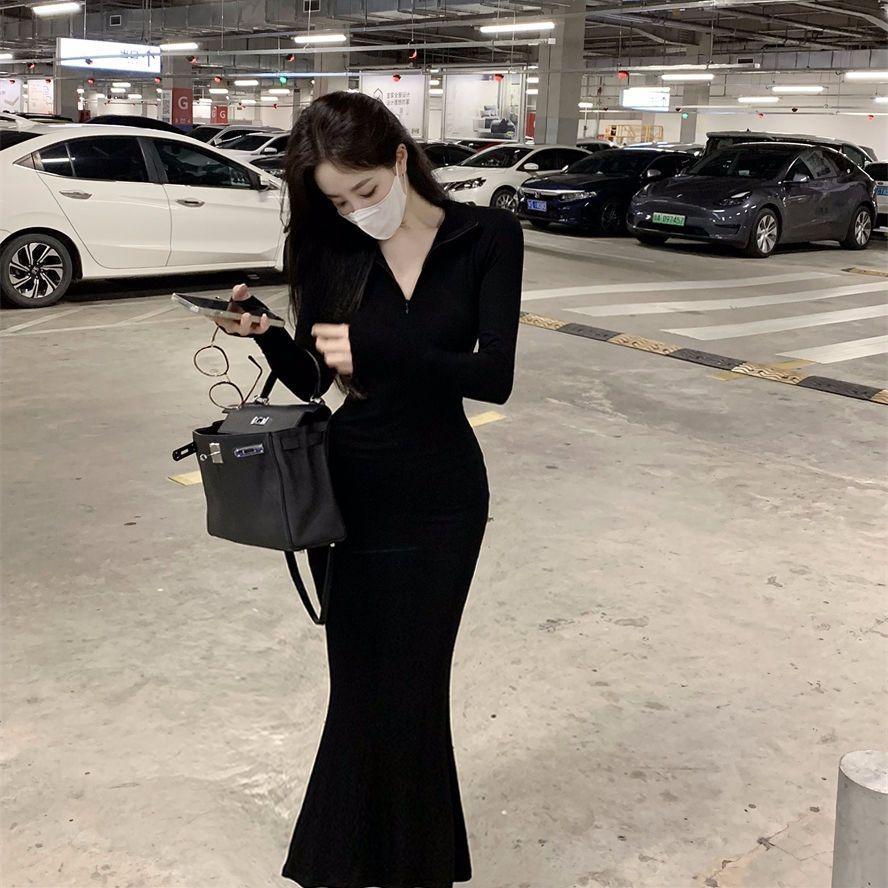 Vintage czarna obcisła sukienka Retro wieczorowa elegancka sukienka z długim rękawem dla kobiet jesienna koszulka polo z dekoltem w szpic