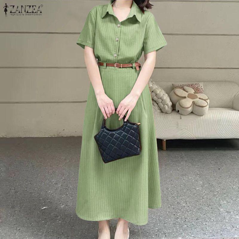 ZANZEA Women Short Sleeve Blouse and Long Skirts Casual Stripr Print Two Piece Sets