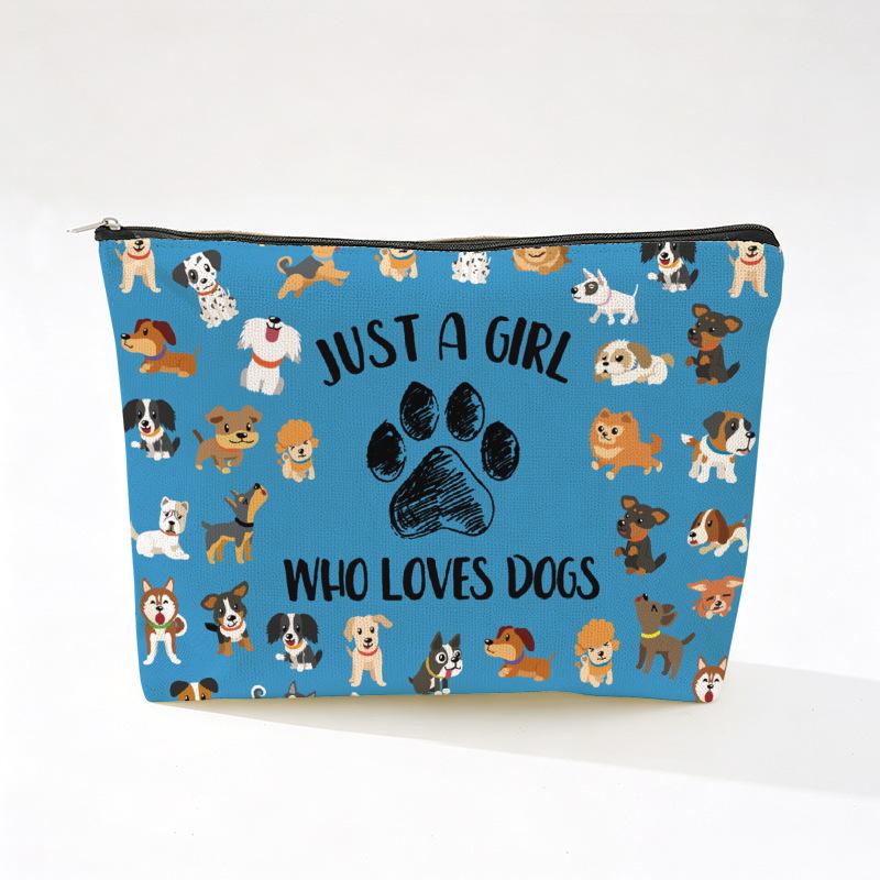 Cute Dog Print Linen Makeup Bag - Wear-Resistant & Portable Storage with Zipper