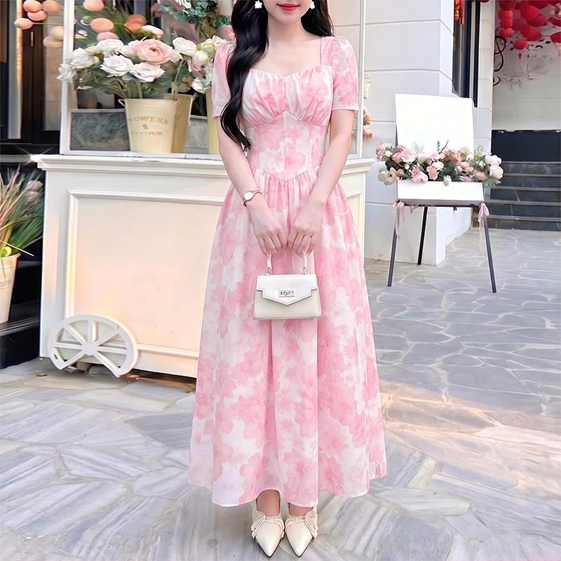 ZANZEA Women Elegant Square Collar Casual Short Sleeve Print Long Dress