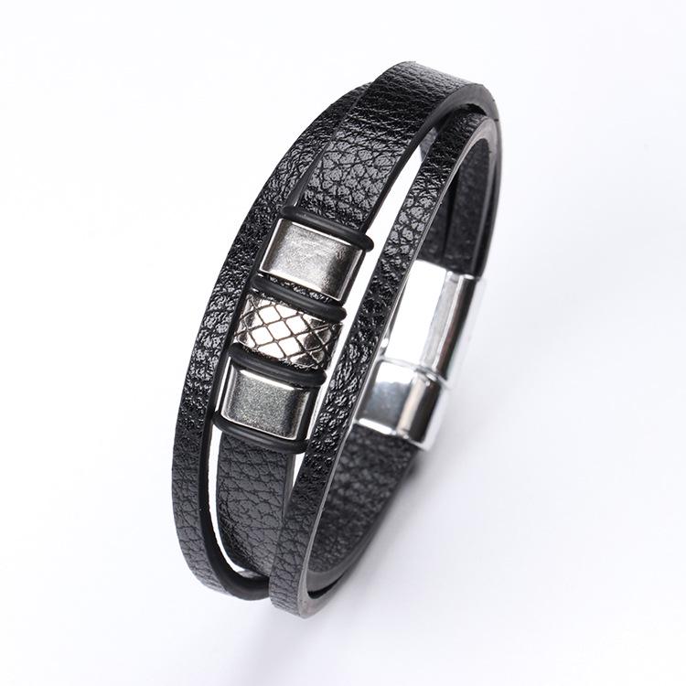 Trendy Multi-Layer Woven Leather Rope Bracelet with Stainless Steel