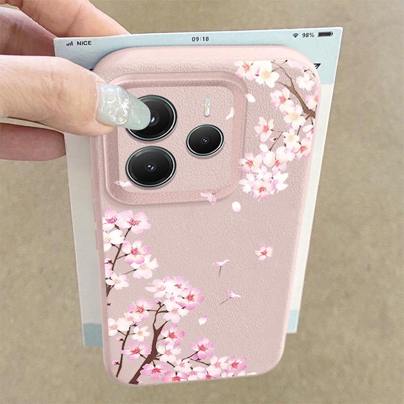 Rosa Pfirsichblüten Blumenmuster Hülle Für Xiaomi 14T 13T 11T Pro Funda Redmi Note 14 13 12 11 Pro 5G 4G Lederstruktur Silikonabdeckung