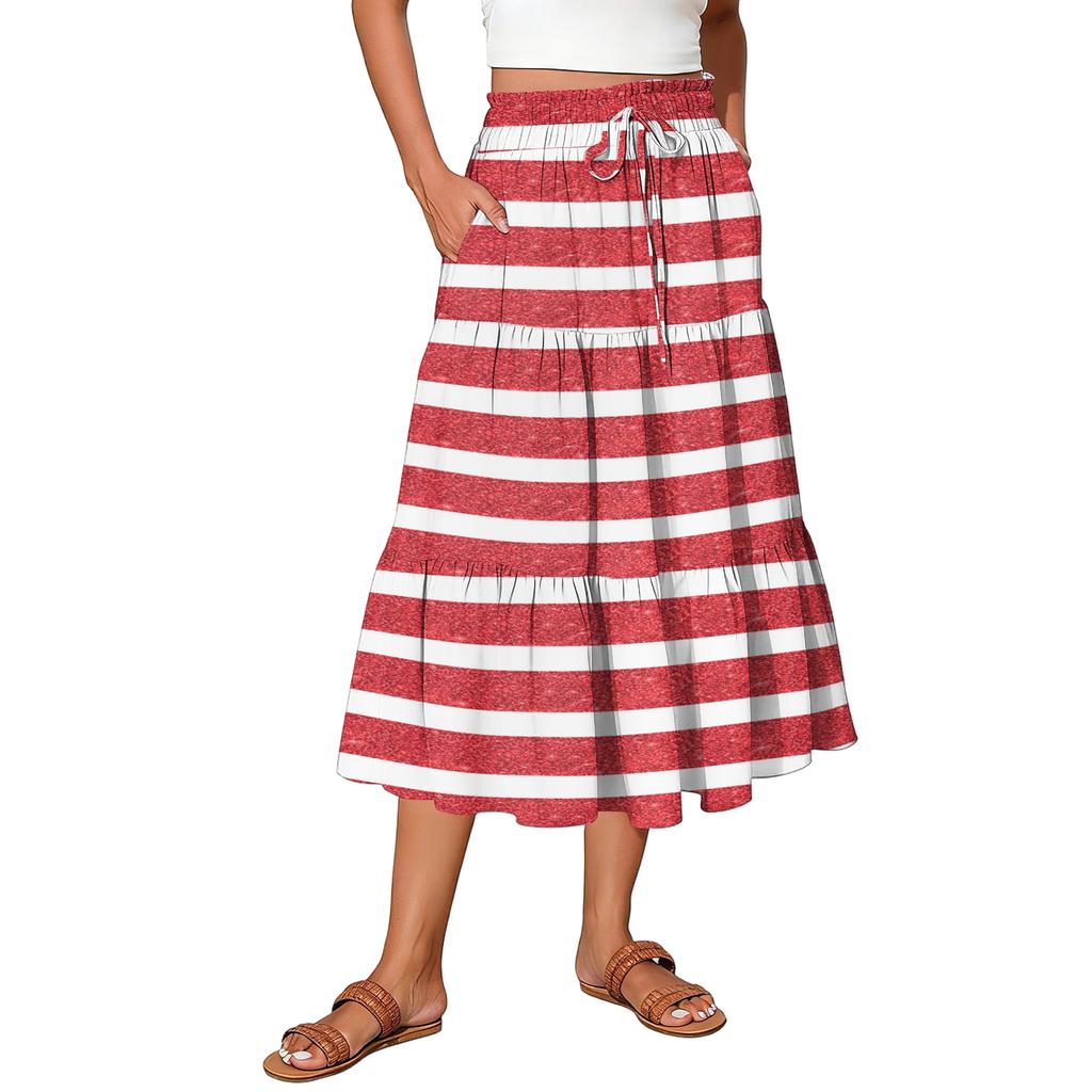 Ladies' Striped Printed Casual Elastic Waist Drawstring Skirt
