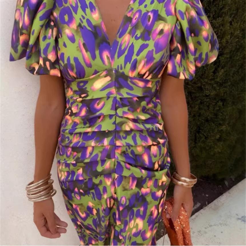 V-neck new printed casual V-neck tight-fitting hip-wrapped waist bubble short-sleeved dress