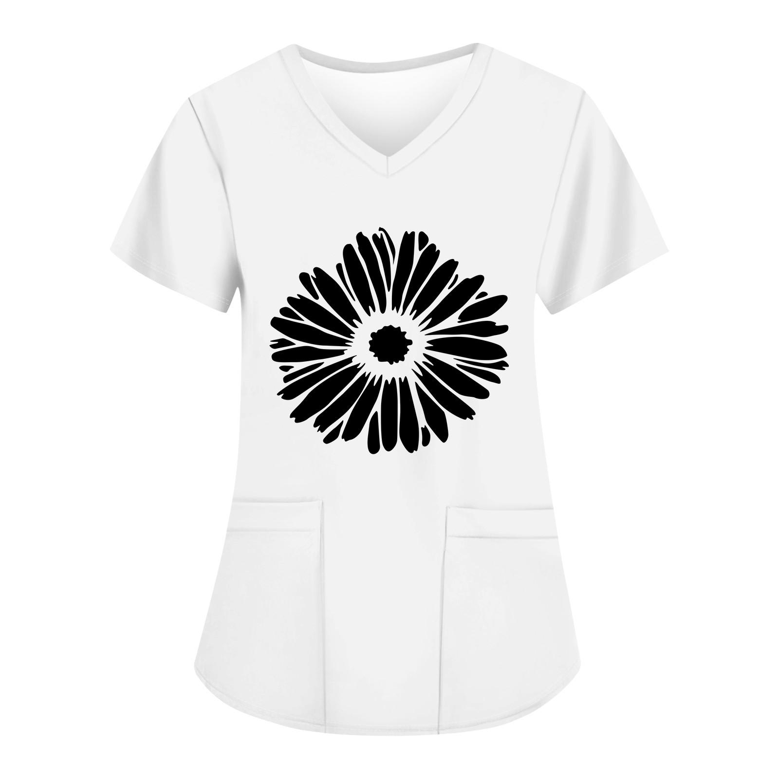 

Жіночі модні робочі футболки з принтом і V-подібним вирізом з короткими рукавами та кишенями L білий