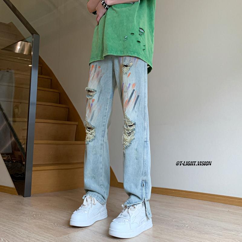 Tie-dye Graffiti Slightly Ripped Jeans American Street Hiphop Pants Ins Trendy European and American High Street Straight Pants