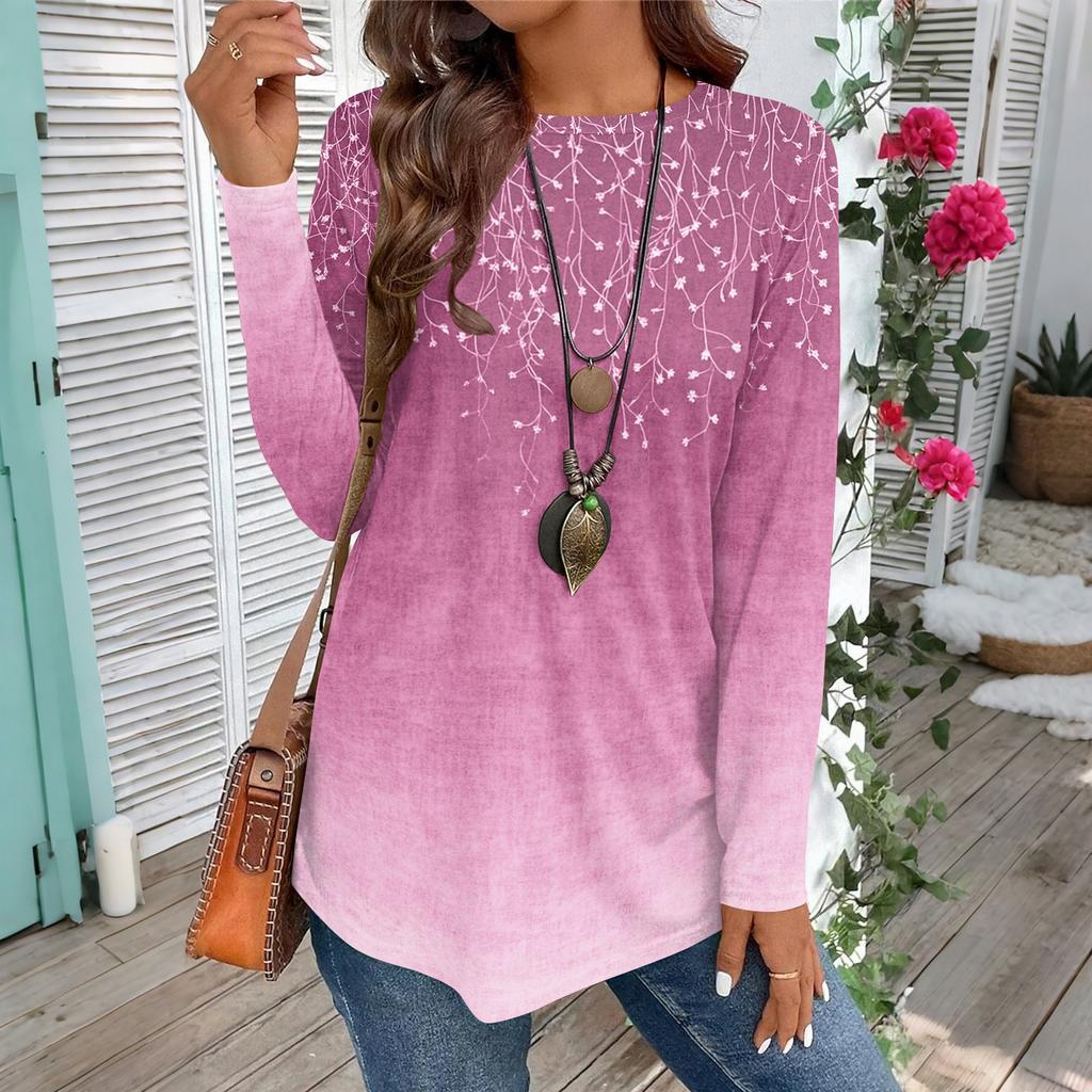 Women's Casual Plus SizeLong Sleeved Round Neck Vintage Ethnic Printing T-shirt Top Pullover