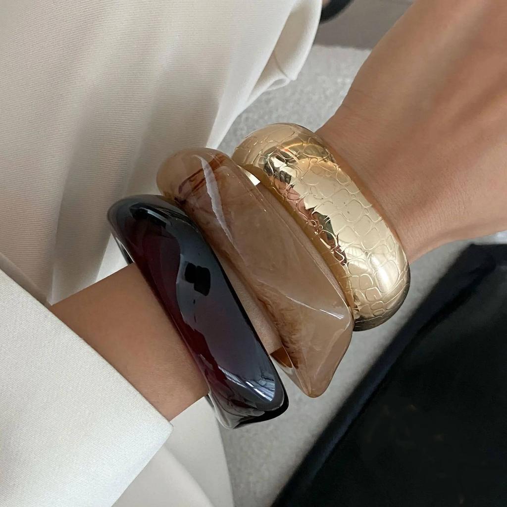Ingemark 3 Styles Boho Resin Acrylic Thick Bangles for Women New Trendy Goth Geometric Wide Arm Bracelets Daily Jewelry Gift
