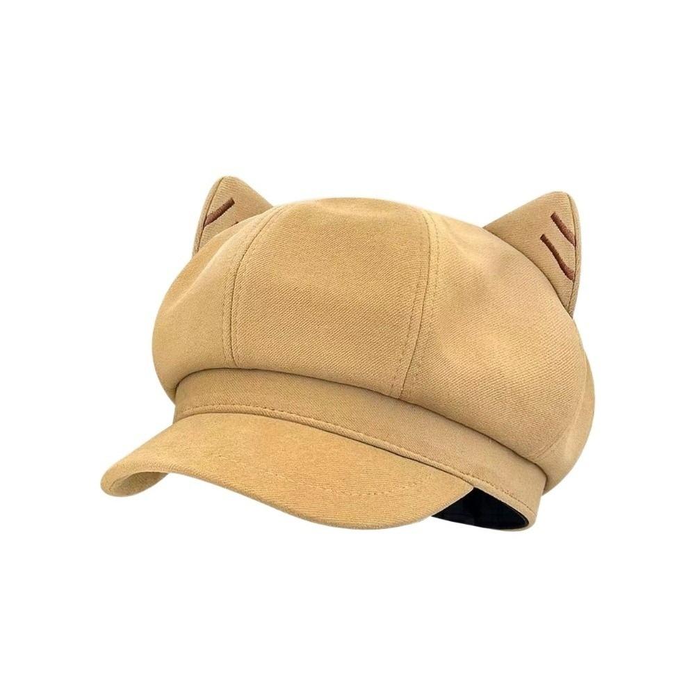 Solid Color Cat Ear Hat Woolen Octagonal Cap Fashion British Beret Hat  Autumn Winter