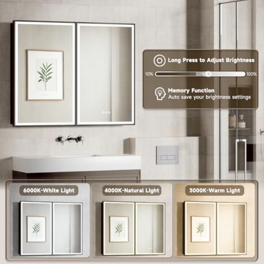 16X24 Inches Framed Medicine Cabinet with Lights, Bathroom Medicine Cabinet with 3-Color/Dimmable, Anti-Fog, Plug-in and Hardwi