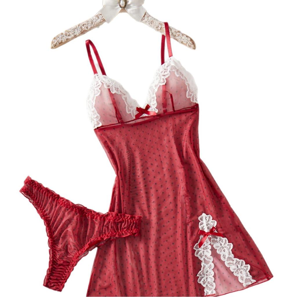European and American Internet celebrities popular lace mesh semi-perspective sexy suspender skirt nightdress two-piece set
