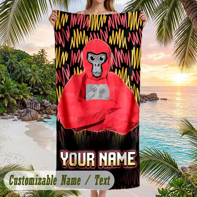Gorilla Tag cartoon Beach Towel, Personalized Custom Text, Quick Dry Soft Large Towel For Swimming Pool Travel