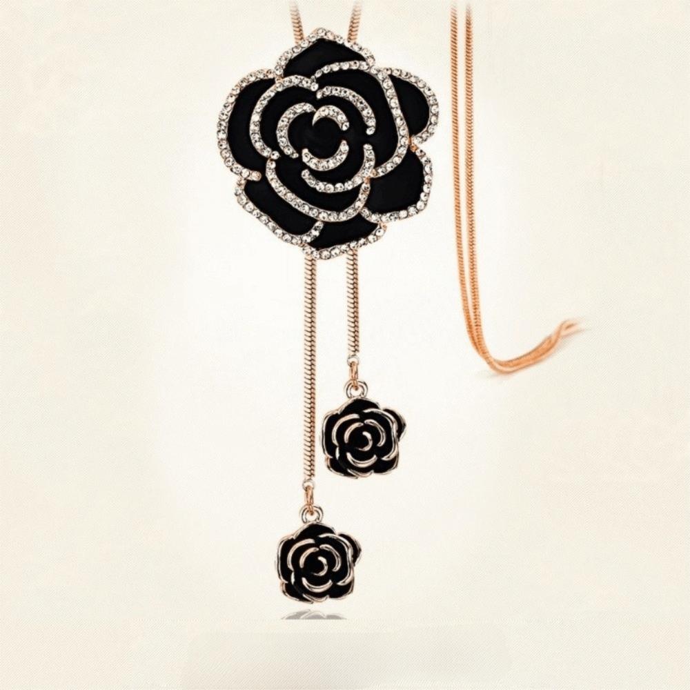 Rose Flower Rhinestone Necklace Rose Gold Clavicle Chain Unique Black Necklace  Festival