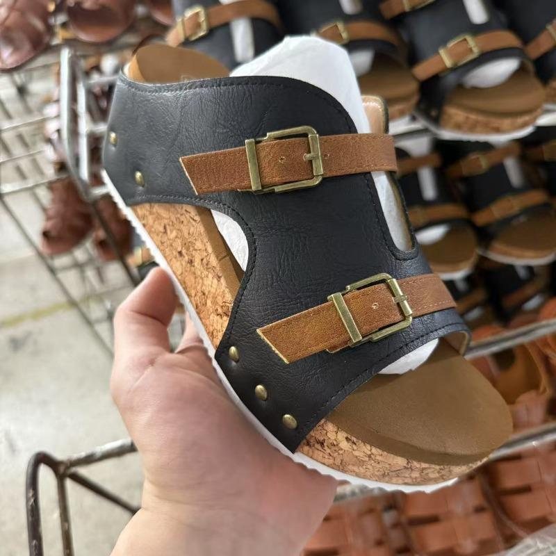 New Large-sized Thick-soled Wedge Heel One-strap Slipper Women's Shoes with Buckle