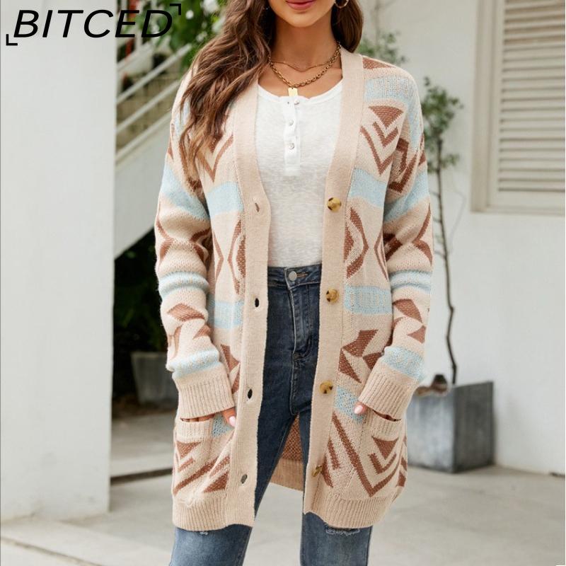 BITCED Autumn/Winter Women's Diamond-Patterned Oversized Knitted Cardigan Jacquard Mid-Length Sweater Coat