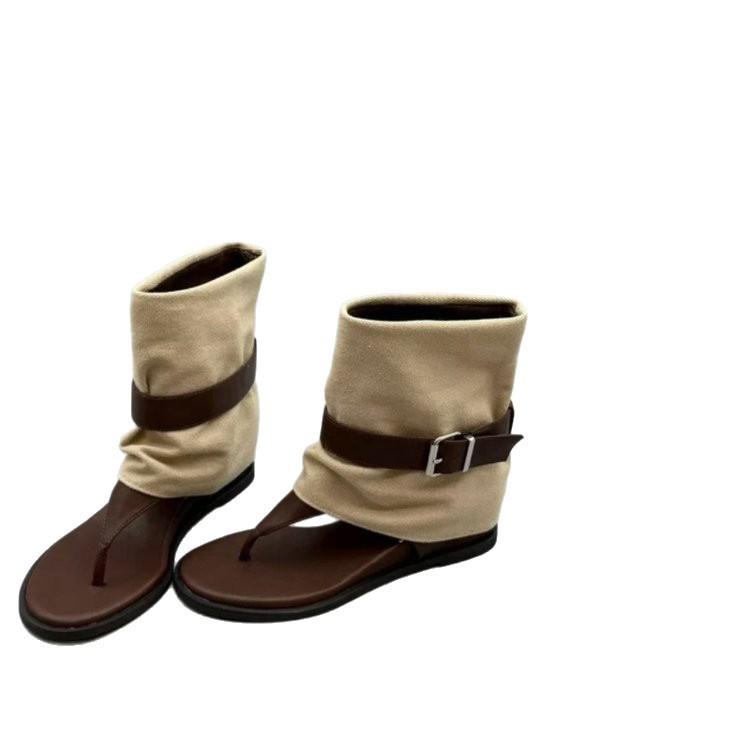 Inner Height Increase 4cm Herringbone Cool Boots Ins Wind Belt Buckle Open-toed Herringbone Boots Inner Height Increase Short Boots Trousers Two