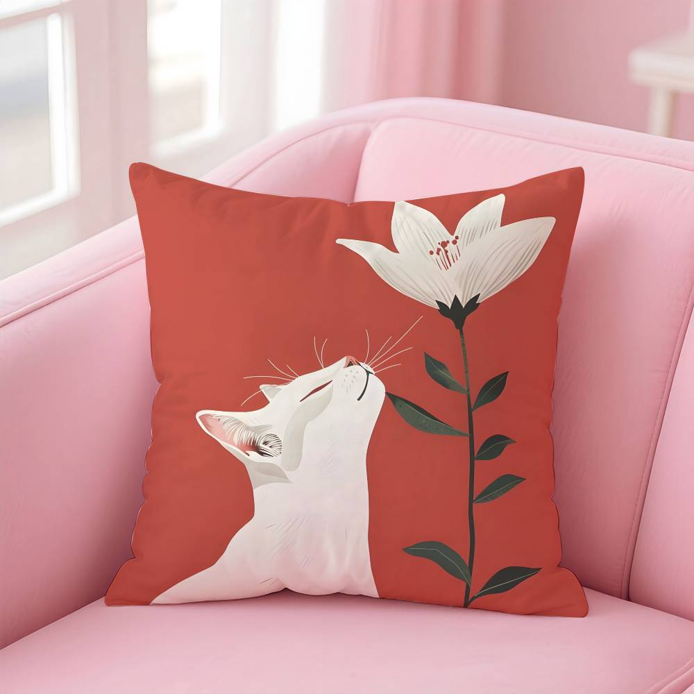 Cat In the Flowers Aesthetic Pillow Case Pattern Printing Pillowcase Living Room Sofa Cushion Cover Bedroom Room Decor