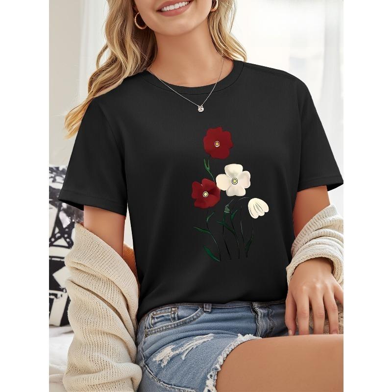 European Size Floral Print Pure Round Neck Short Sleeve